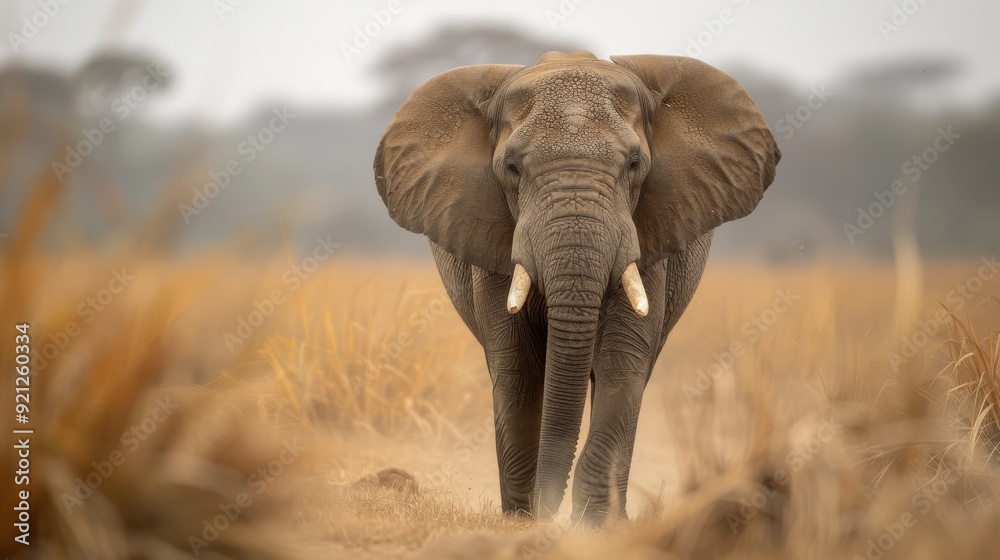 Naklejka premium Elephant Walking on Dusty Trail in African Savannah During Daylight