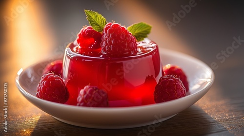 Red raspberry gelatin dessert garnished with fresh mint leaves on white plate