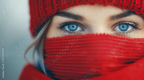 Young Woman With Blue Eyes and Red Scarf in Studio Setting