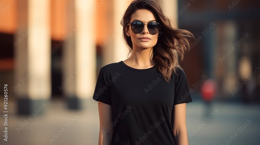 A woman with long brown hair is wearing a black t-shirt and black sunglasses as she walks down a city street. There are buildings in the background that are out of focus. The sun is shining brightly. A woman with long brown hair is wearing a black t-shirt and black sunglasses as she walks down a city street. There are buildings in the background that are out of focus. The sun is shining brightly.