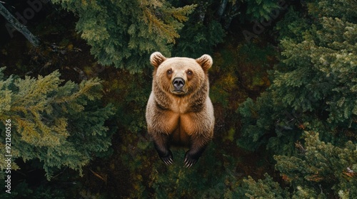 An aerial shot of a bear standing on its hind legs, looking up curiously, with a scenic forest background.
