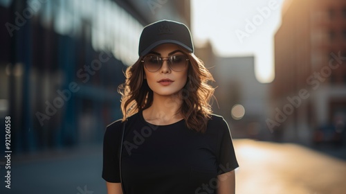  A young woman with long, wavy brown hair walks down a city street in the afternoon sun. She is wearing a simple black t-shirt, a black baseball cap, and sunglasses. The background is blurred.