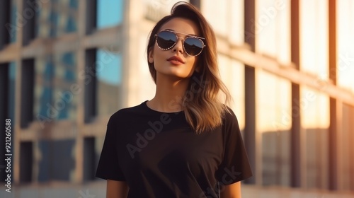  A woman with long brown hair and sunglasses is standing in front of a building. She is wearing a black shirt. The sunlight creates a warm glow on the woman's skin and the background.