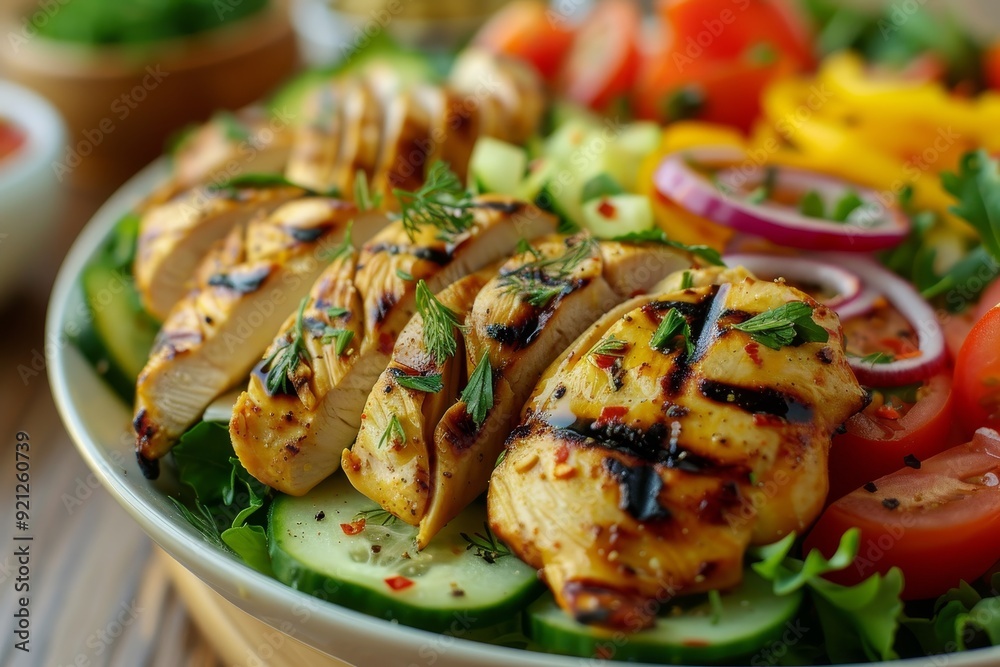 A grilled chicken salad displayed on a rustic wooden surface, showcasing a healthy meal choice, Illustrate the combination of protein and vegetables in a grilled chicken salad A grilled chicken salad displayed on a rustic wooden surface, showcasing a healthy meal choice, Illustrate the combination of protein and vegetables in a grilled chicken salad