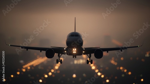 Airplane Landing at Dusk Over Urban Cityscape With Illuminated Runway Lights