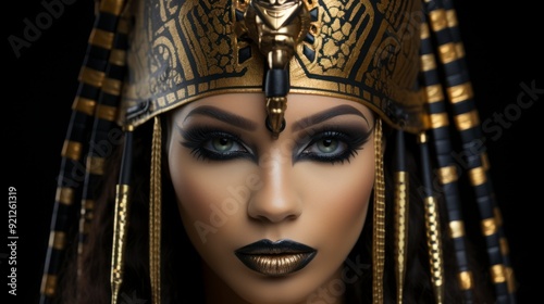  A woman with heavy eye makeup and gold-toned lipstick looks directly at the camera, wearing a headdress with intricate gold and black detailing.
