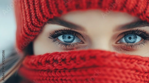 Young Woman With Blue Eyes and Red Scarf in Studio Setting