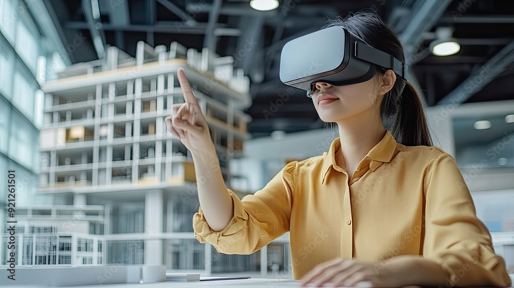 Asian female architect using virtual reality technology to create a 3D model of a building with precast concrete, highlighting BIM advancements. Asian female architect using virtual reality technology to create a 3D model of a building with precast concrete, highlighting BIM advancements.