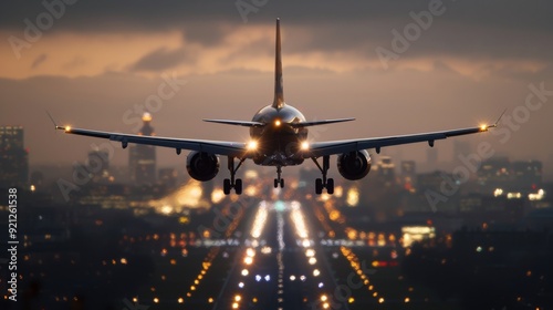 Airplane Landing at Dusk Over Urban Cityscape With Illuminated Runway Lights