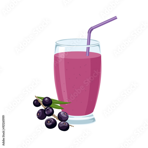 Acai juice in glass with straw. Vector cartoon flat illustration. Healthy organic drink and fresh berry.