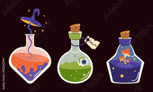 A set of witch potions for Halloween. Colorful glass bottles with magic mushrooms, an eye, stars, bubbles. Cartoon vector illustration.
