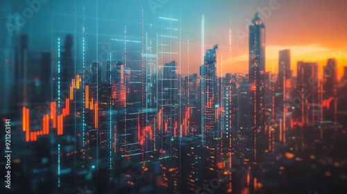 Smart digital city with connection network that is at the cutting edge of innovation in technology and business with bright, modern skyscrapers. Backgrounds for technology and charts and graphs