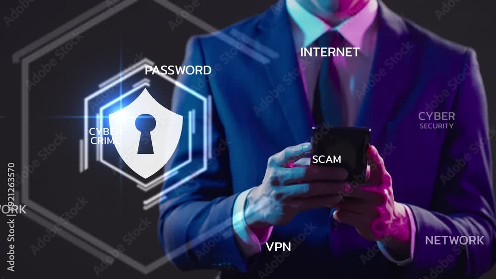 Man typing on mobile phone internet security and data protection concept, hardware wallet blockchain and cybersecurity