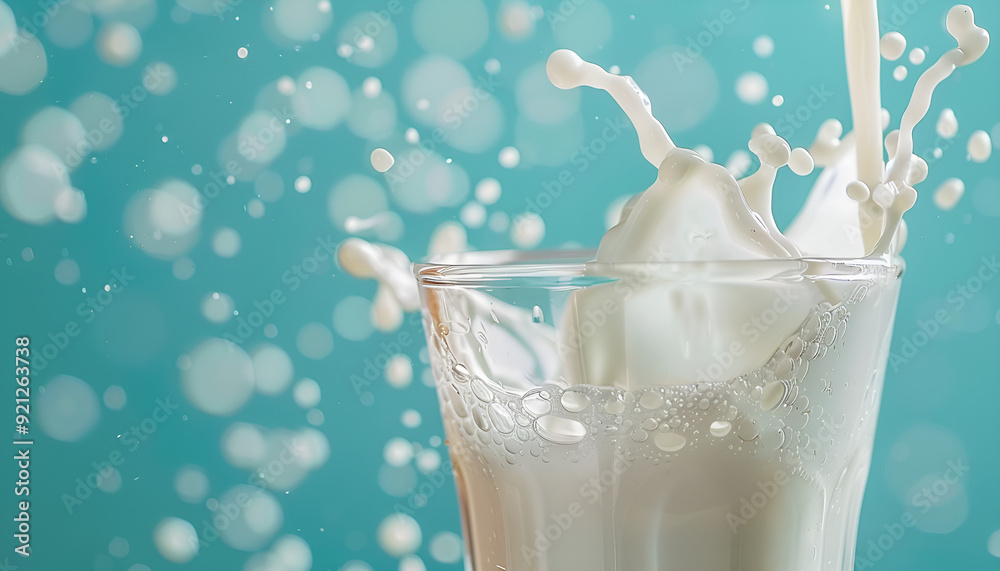 milk pouring into glass on blur pastel blue background, macro milk pouring into glass on blur pastel blue background, macro