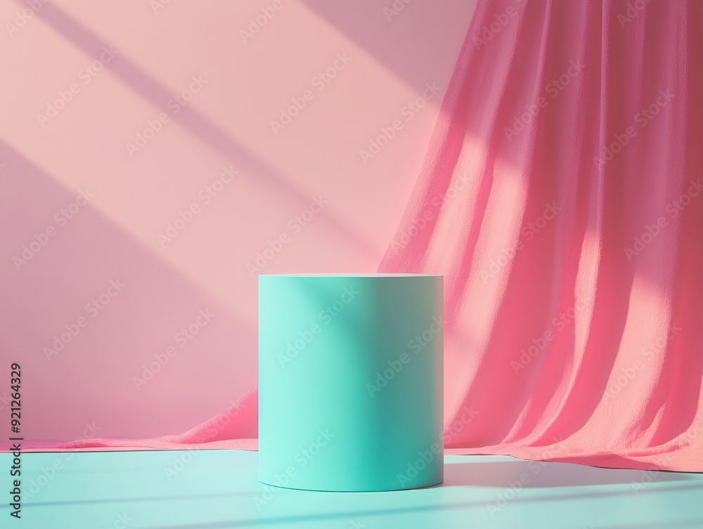 Minimalist Neon Blue Cylindrical Podium on Soft Pink Background with Subtle Textures and Shadows, Ideal for Modern Product Display Minimalist Neon Blue Cylindrical Podium on Soft Pink Background with Subtle Textures and Shadows, Ideal for Modern Product Display