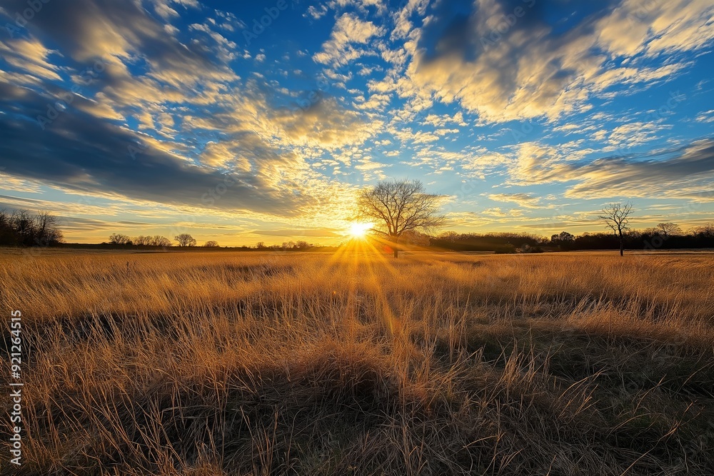 A stunning sunset with golden rays casting over a peaceful, open grassy field with a lone tree in the distance. A stunning sunset with golden rays casting over a peaceful, open grassy field with a lone tree in the distance.