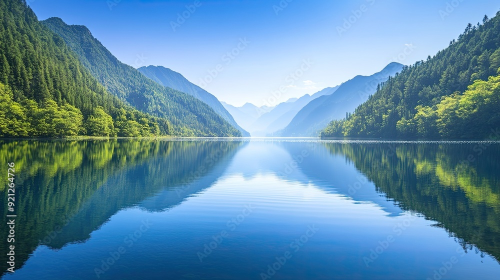 The calm waters of a lake at Jiuzhaigou National Park, reflecting the lush, vibrant landscape and clear blue sky. The calm waters of a lake at Jiuzhaigou National Park, reflecting the lush, vibrant landscape and clear blue sky.
