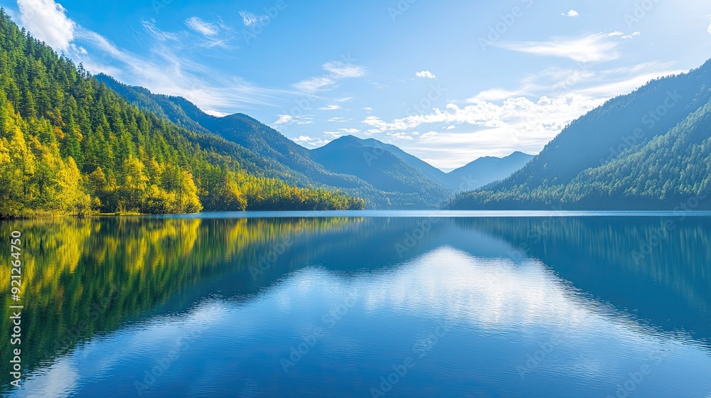 The calm waters of a lake at Jiuzhaigou National Park, reflecting the lush, vibrant landscape and clear blue sky. The calm waters of a lake at Jiuzhaigou National Park, reflecting the lush, vibrant landscape and clear blue sky.