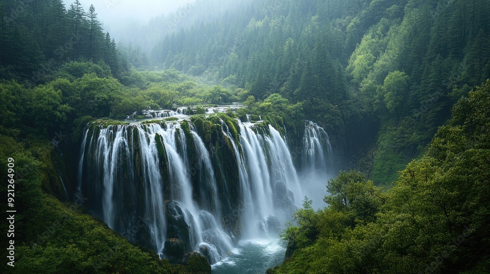 The majestic Nuorilang Waterfall in Jiuzhaigou Valley, with water cascading down multiple tiers surrounded by dense forest.