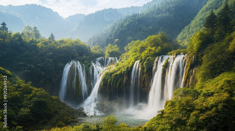 Naklejka premium The majestic Nuorilang Waterfall in Jiuzhaigou Valley, with water cascading down multiple tiers surrounded by dense forest.