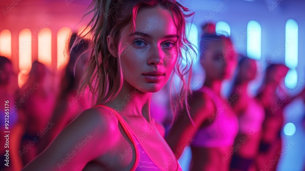 Capture the energy of women in a fitness class, with dynamic lighting and detailed workout equipment highlighting their determination