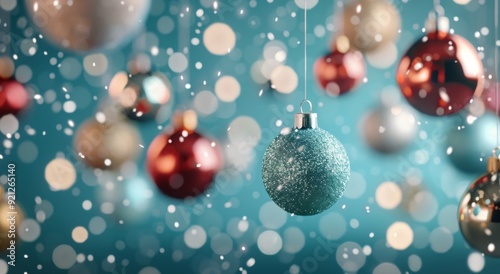 Colorful Christmas Ornaments Hanging Against a Soft Blue Background