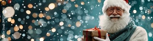 Santa Claus Holding a Gift Against a Festively Blurred Background During the ...