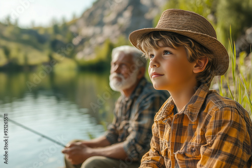 Boy and grandfather fishing in lake