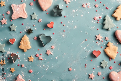 Colorful Iced Cookies in Heart and Tree Shapes on a Dusting of Powdered Sugar