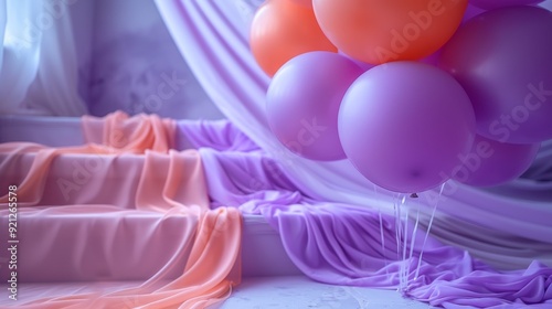 Pastel composition with delicate drapes of lavender and pink fabrics gently cascading down the steps, with orange and purple balloons. Atmosphere of elegance and celebration
