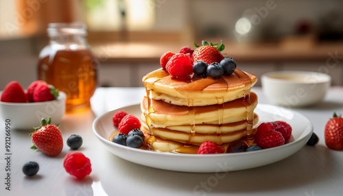 Wallpaper Mural A stack of fluffy pancakes topped with fresh berries and a drizzle of maple syrup, placed on a white plate with a softly blurred kitchen background. Torontodigital.ca
