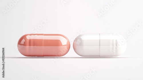 A minimalist image with two pharmaceutical capsules, one pink and the other white, placed on a clean white background, representing healthcare, cleanliness, and medical treatment.