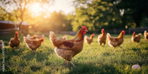 A serene farm landscape showcases freerange chickens roaming in warm sunlight, surrounded by lush grass, embodying sustainable agriculture and promoting a healthy environment for all photo