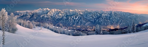Snow-Covered Mountains at Dusk With Light Glowing in the Valley