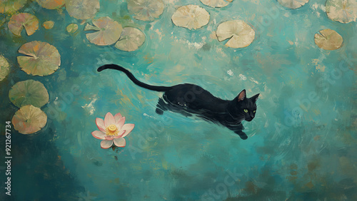 A black cat swimming gracefully in a serene pond with lily pads and a single lotus flower, exuding a sense of tranquility and mystery.