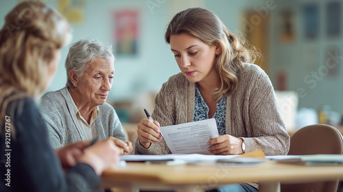 Senior Woman with Caregiver and Consultant Discussing Documents at a Table
