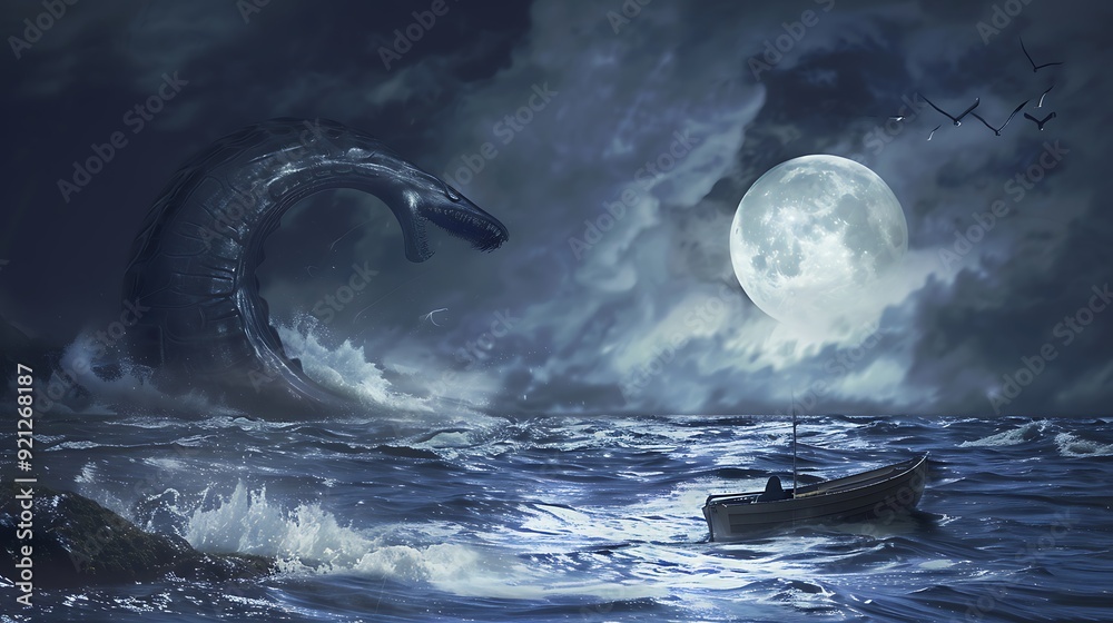 Lochness monster causing havoc in a barren sea attacking a small boat ...