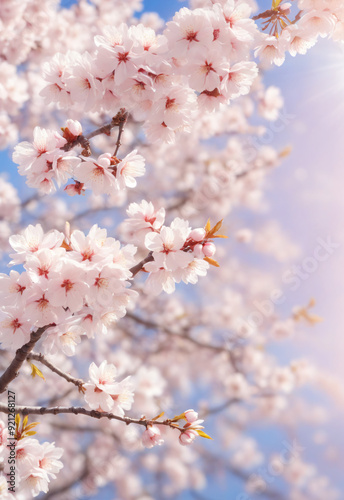 Sakura. Branches with pink flowers on a plain background for publications.