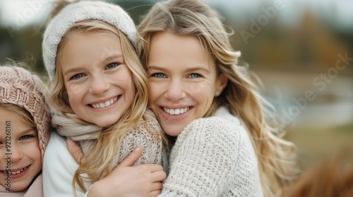 Mother and Daughters Enjoying a Warm Embrace Outdoors in Autumn