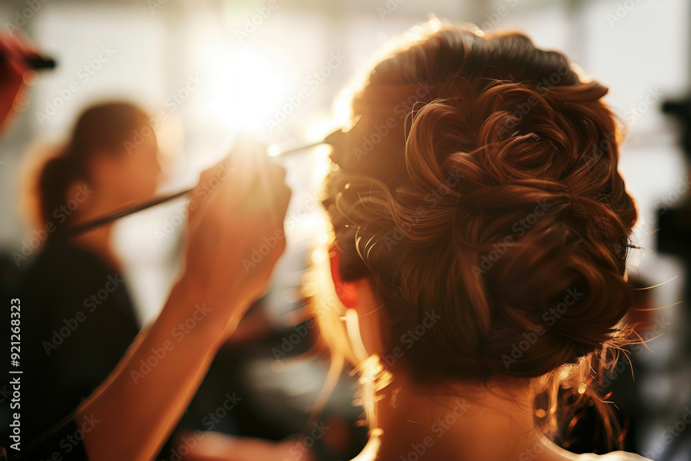 Young woman getting makeup applied in a salon with a beautifully styled updo, illuminated by warm sunlight in the background. Young woman getting makeup applied in a salon with a beautifully styled updo, illuminated by warm sunlight in the background.