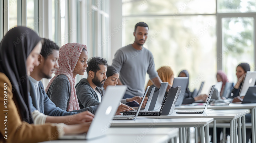 Diverse Group of Students Engaged in a Modern Classroom with Technology Diverse Group of Students Engaged in a Modern Classroom with Technology