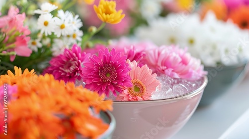 Colorful Floral Arrangements in Elegant Bowls at a Rustic Cafe Setting