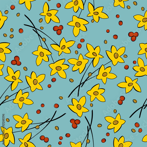 Vector seamless floral pattern with simple yellow flowers and rowanberries on light blue background