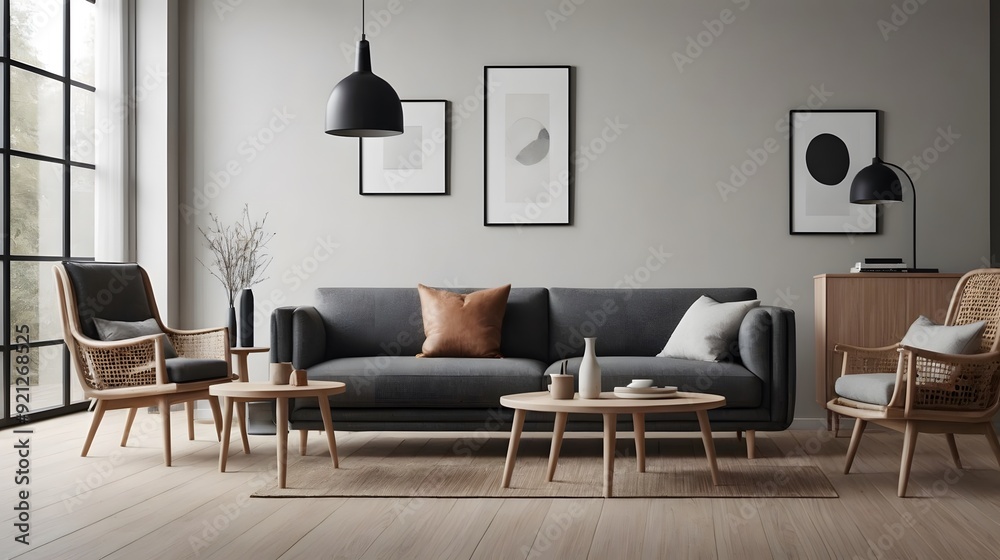 Modern living room with sofa, chair and wooden sideboard and other interior accessories design, ai generated interior image template. Modern living room with sofa, chair and wooden sideboard and other interior accessories design, ai generated interior image template.