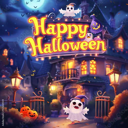 Happy Halloween template or Party invitation card background with Cute Ghost, house, and pumpkins, 