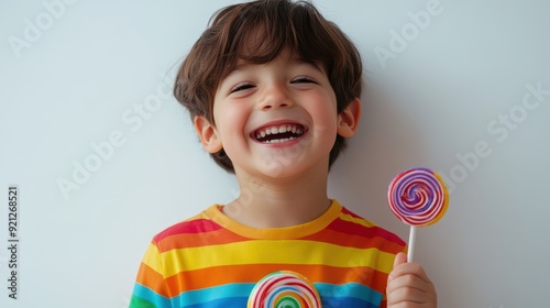 happy kid laughing and holding two candy lollipop