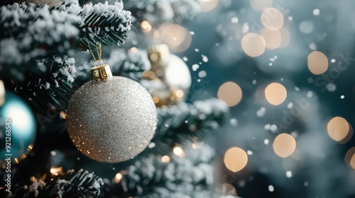 A close-up shot of a beautifully decorated Christmas tree adorned with glittering ornaments and softly glowing lights, encapsulating the festive holiday spirit of Christmas. photo