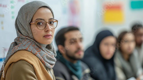 Modern Young Muslim Woman in Classroom Setting with Peers