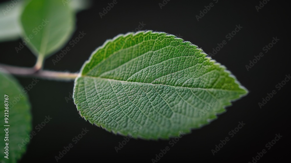 Close-Up of Green Leaf Detailing Its Texture Against a Dark Background Close-Up of Green Leaf Detailing Its Texture Against a Dark Background