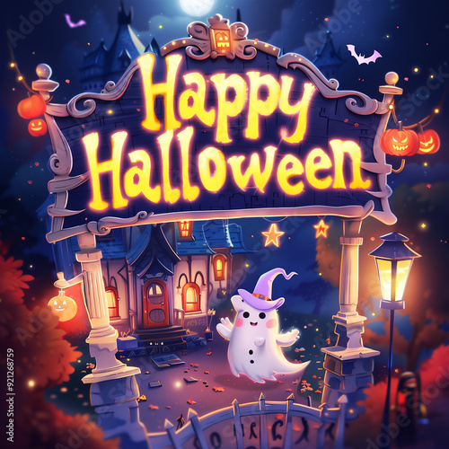 Happy Halloween template or Party invitation card background with Cute Ghost, house, and pumpkins, 